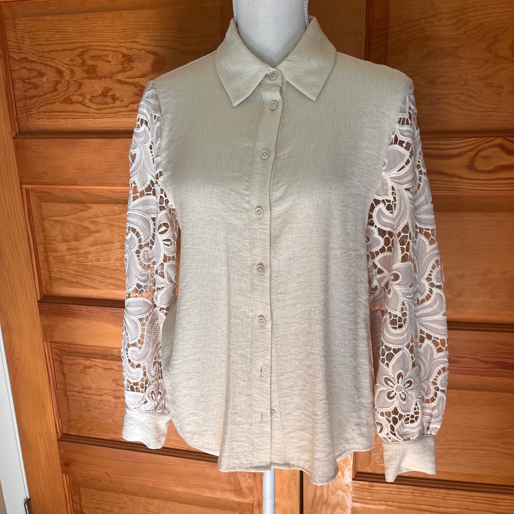 Current Air Tan Long Sleeve Embellished Blouse